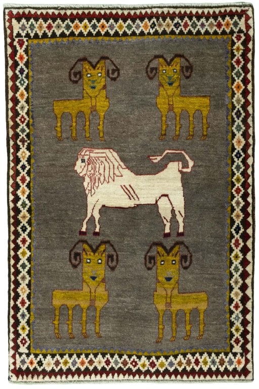 Full view of 2000s Persian Gabbeh rug from Iran / Persia, 160 × 107 cm in Gray tones