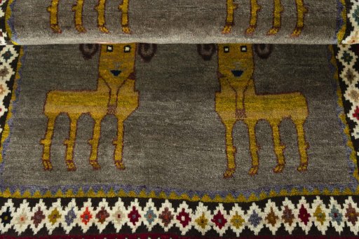 Full view of 2000s Persian Gabbeh rug from Iran / Persia, 160 × 107 cm in Gray tones