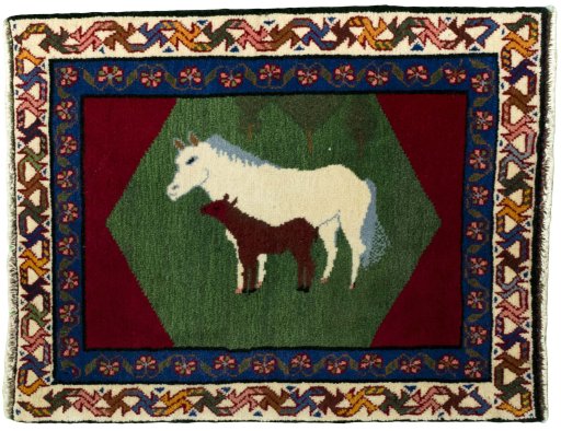 Full view of 2000s Persian Gabbeh rug from Iran / Persia, 73 × 58 cm in Green tones