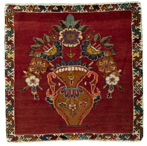Full view of 2000s Persian Gabbeh rug from Iran / Persia, 56 × 59 cm in Red tones