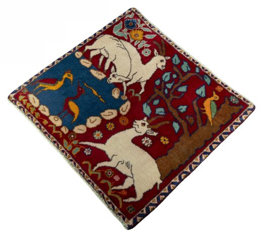 Corner detail of 2000s Persian Gabbeh rug showing border pattern and Wool pile