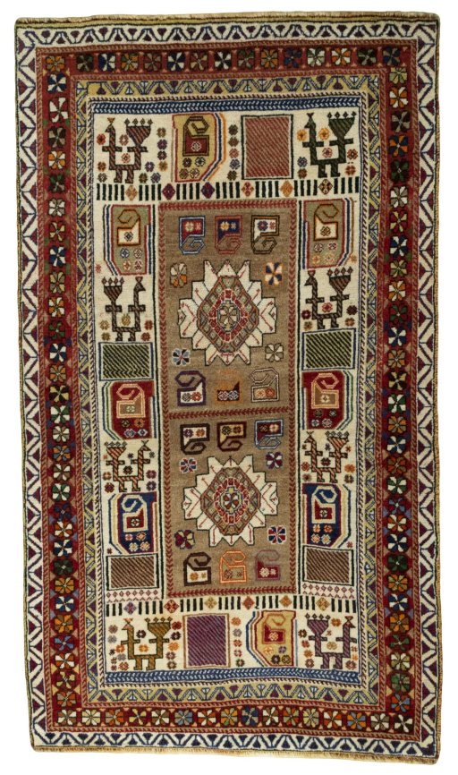 Full view of 2000s Persian Gabbeh rug from Iran / Persia, 185 × 106 cm in Beige tones