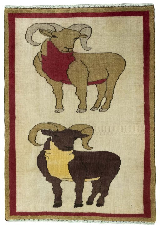 Full view of 2000s Persian Gabbeh rug from Iran / Persia, 107 × 76 cm in Beige tones