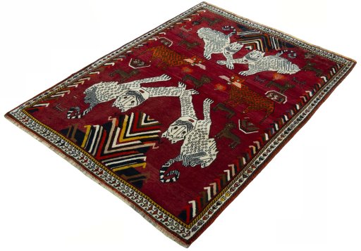 Corner detail of 1970s Persian Gabbeh rug showing border pattern and Wool pile