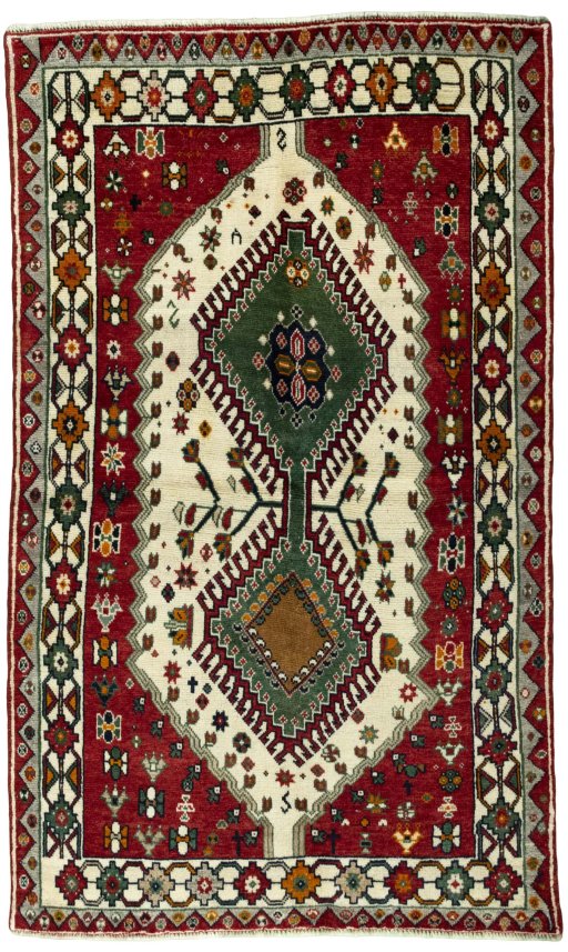 Full view of 2000s Persian Gabbeh rug from Iran / Persia, 205 × 123 cm in Beige tones