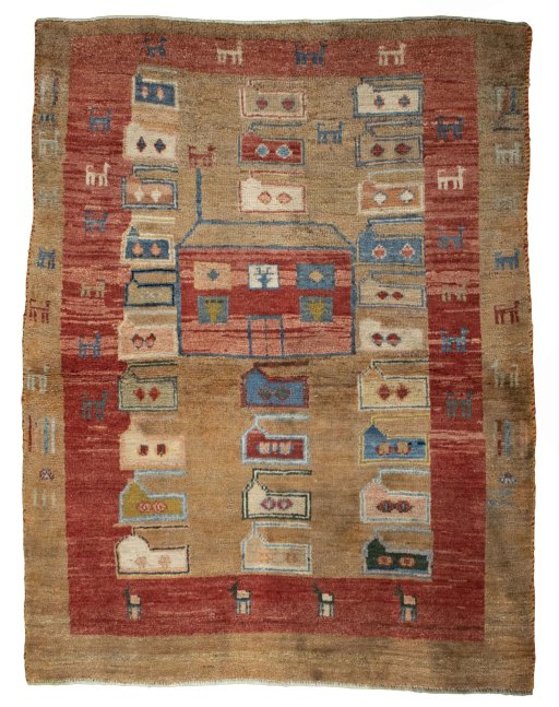 Full view of 2000s Persian Gabbeh rug from Iran / Persia, 155 × 120 cm in Beige tones
