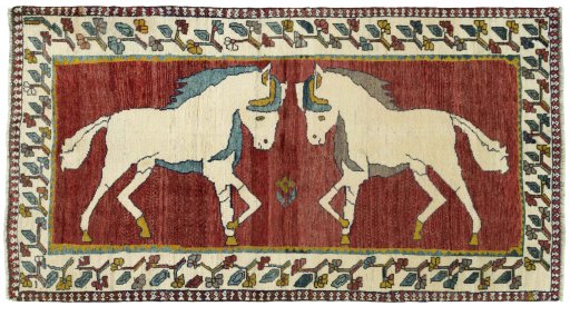 Full view of 2000s Persian Gabbeh rug from Iran / Persia, 217 × 115 cm in Red tones