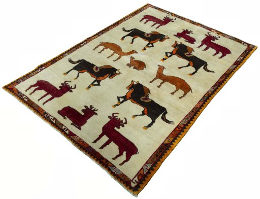Corner detail of 2000s Persian Gabbeh rug showing border pattern and Wool pile