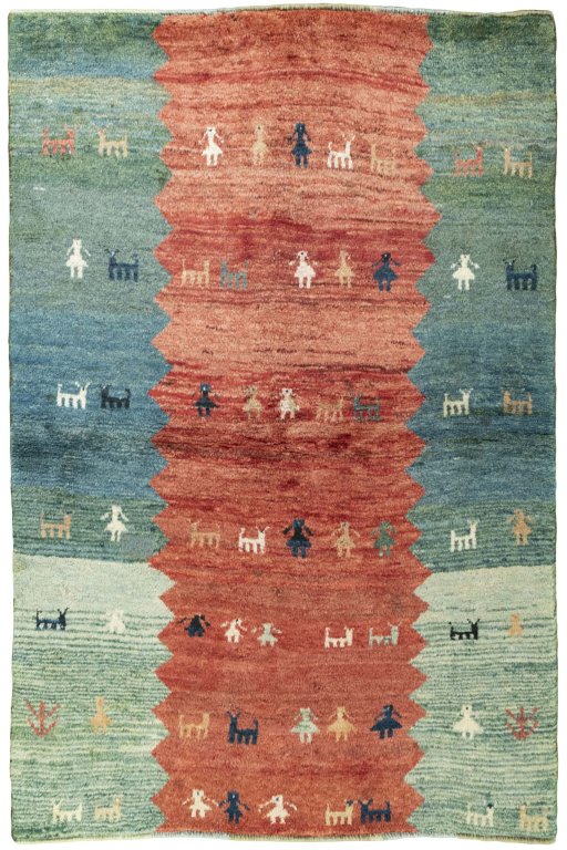 Full view of 1970s Persian Gabbeh rug from Iran / Persia, 183 × 121 cm in Red tones