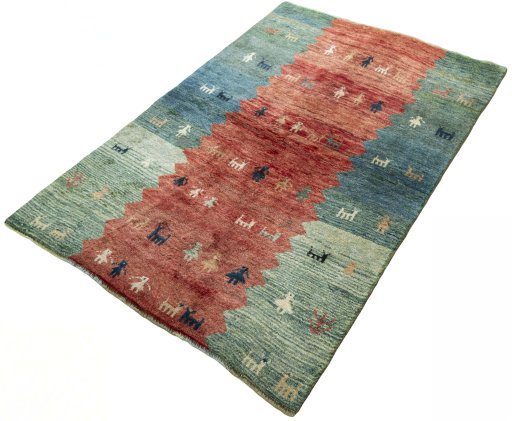 Corner detail of 1970s Persian Gabbeh rug showing border pattern and Wool pile