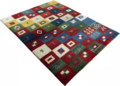 Close-up detail of 2000s Persian Gabbeh rug from Pakistan showing Wool weave