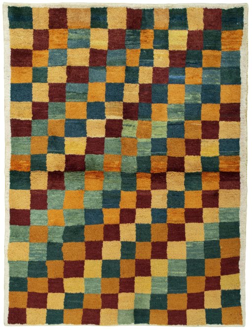Full view of 2000s Persian Gabbeh rug from Pakistan, 196 × 148 cm in Multi Color tones