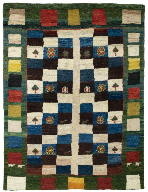Full view of 2000s Persian Gabbeh rug from Pakistan, 154 × 117 cm in Multi Color tones