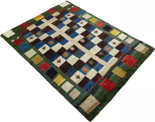 Close-up detail of 2000s Persian Gabbeh rug from Pakistan showing Wool weave
