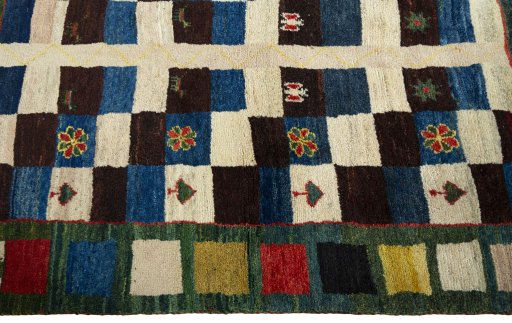 Close-up detail of 2000s Persian Gabbeh rug from Pakistan showing Wool weave