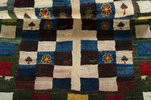 Full view of 2000s Persian Gabbeh rug from Pakistan, 154 × 117 cm in Multi Color tones