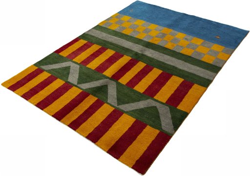 Corner detail of New Persian Gabbeh rug showing border pattern and Wool pile