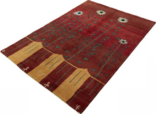 Corner detail of New Persian Gabbeh rug showing border pattern and Wool pile