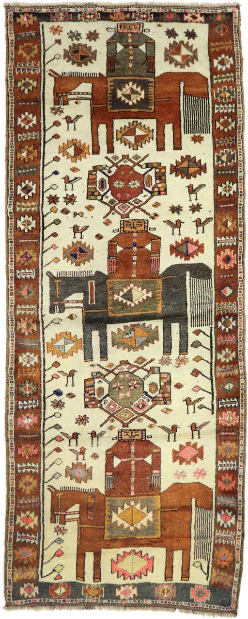 Full view of 1920s Persian Gabbeh rug from Iran / Persia, 367 × 144 cm in Beige tones