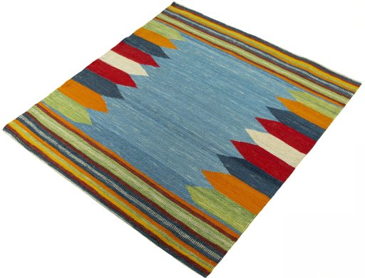 Corner detail of New Kilim Sofre rug showing border pattern and Wool pile