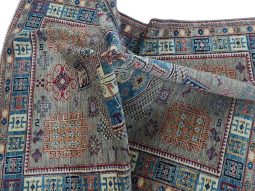 Full view of New Kazak rug from Pakistan, 195 × 147 cm in Gray tones