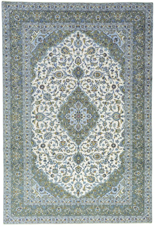 Full view of 2000s Kashan rug from Iran / Persia, 400 × 272 cm in Beige tones