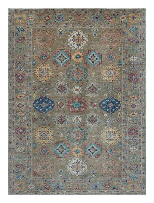 Full view of New Kazak rug from Pakistan, 379 × 276 cm in Green tones
