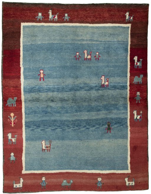 Full view of 2000s Persian Gabbeh rug from Pakistan, 198 × 155 cm in Blue tones