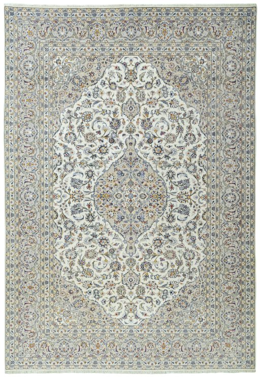 Full view of 2000s Kashan rug from Iran / Persia, 350 × 242 cm in Beige tones