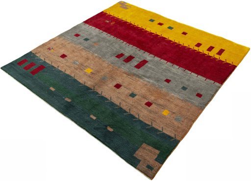 Corner detail of 2000s Persian Gabbeh rug showing border pattern and Wool pile