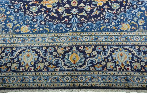 Full view of 2000s Kashan rug from Iran / Persia, 406 × 305 cm in Blue tones