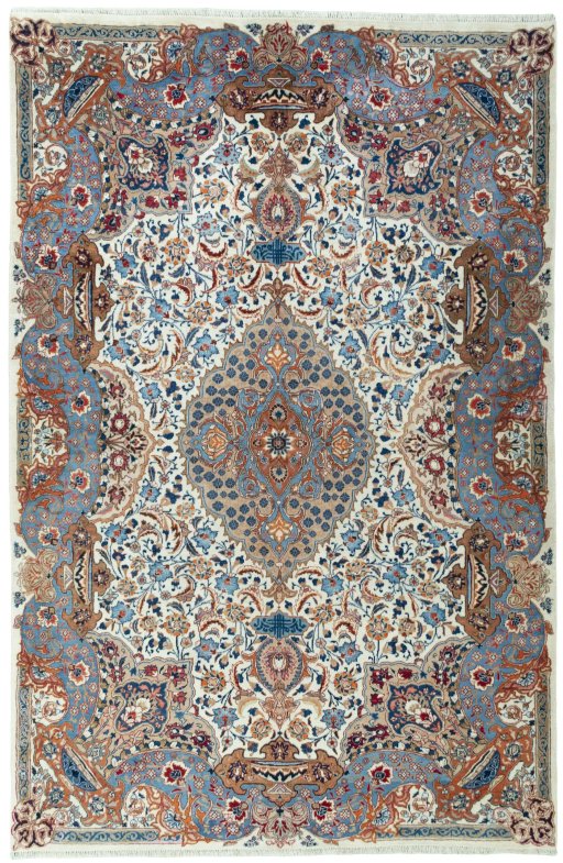 Full view of 2000s Kashmar rug from Iran / Persia, 297 × 195 cm in Beige tones
