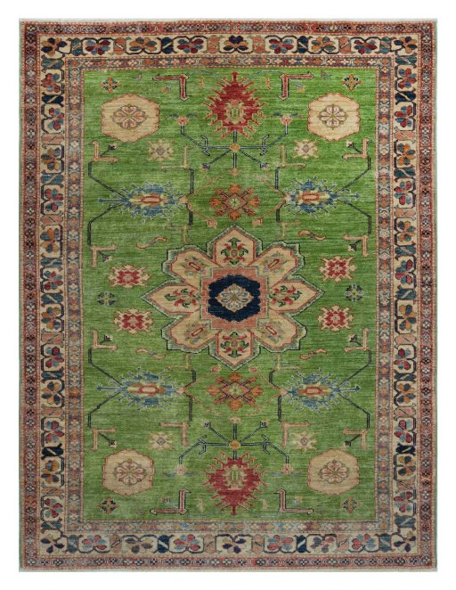 Full view of New Kazak rug from Pakistan, 192 × 146 cm in Green tones