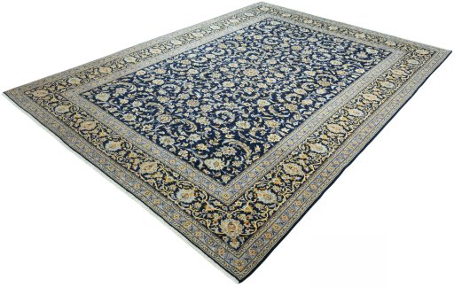 Corner detail of 2000s Kashan rug showing border pattern and Wool pile