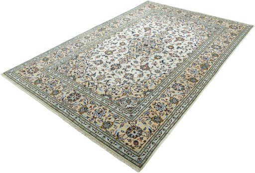 Corner detail of 2000s Kashan rug showing border pattern and Wool pile