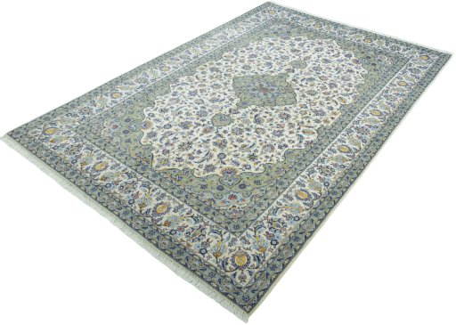 Corner detail of New Kashan rug showing border pattern and Cork pile