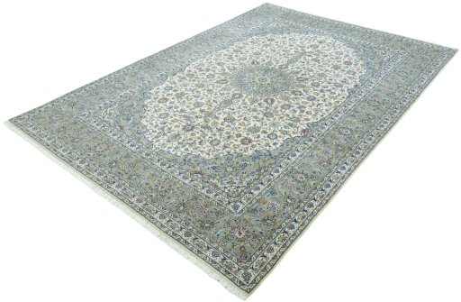 Corner detail of New Kashan rug showing border pattern and Cork pile