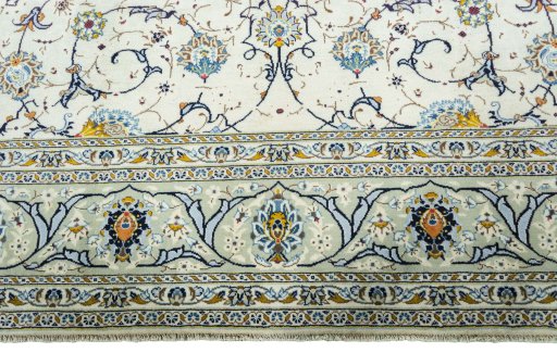 Full view of 2000s Kashan rug from Iran / Persia, 356 × 255 cm in Beige tones