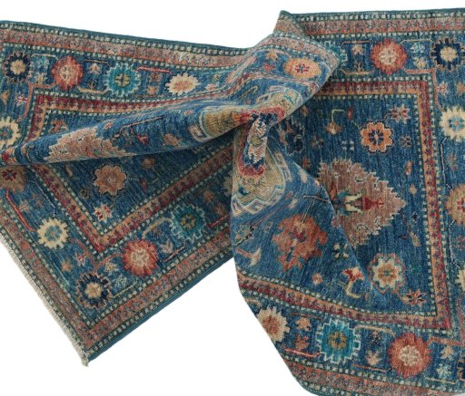 Full view of New Kazak rug from Pakistan, 138 × 80 cm in Blue tones
