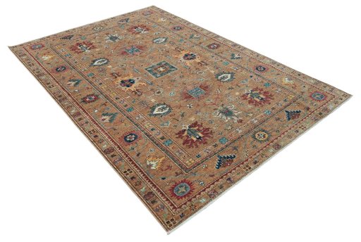 Corner detail of New Kazak rug showing border pattern and Wool pile
