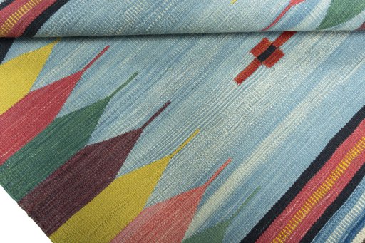 Full view of New Kilim Sofre rug from Turkey, 108 × 104 cm in Multi Color tones