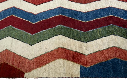 Close-up detail of 2000s Persian Gabbeh rug from Pakistan showing Wool weave