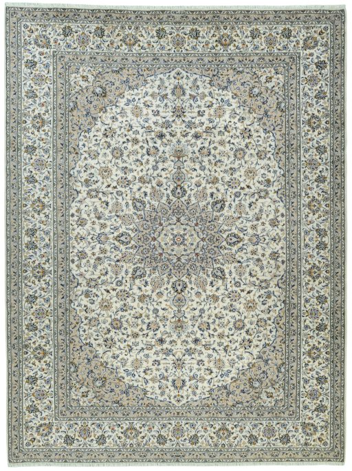 Full view of 2000s Kashan rug from Iran / Persia, 400 × 301 cm in Beige tones