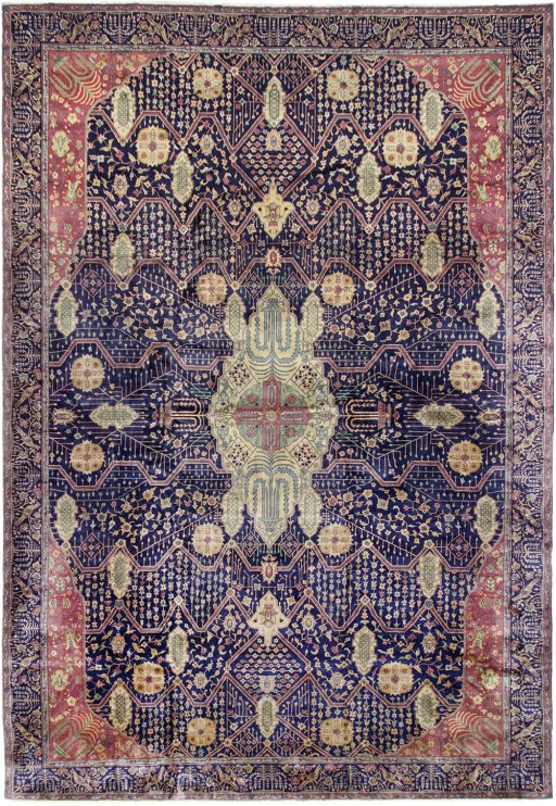 Full view of 1920s Agra rug from India, 520 × 357 cm in Dark blue tones
