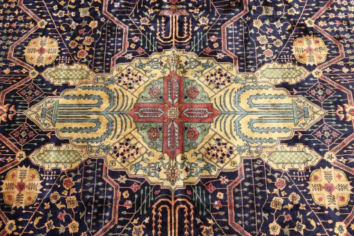 Full view of 1920s Agra rug from India, 520 × 357 cm in Dark blue tones