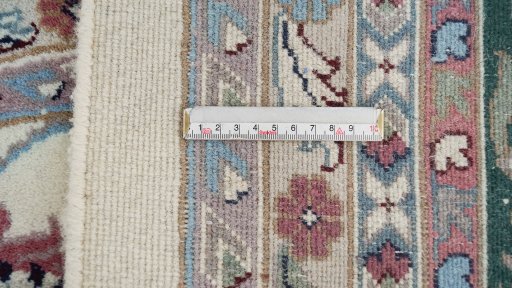 Full view of New Agra rug from India, 371 × 352 cm in Cream tones