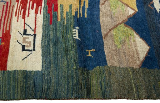 Close-up detail of 2000s Persian Gabbeh rug from Pakistan showing Wool weave