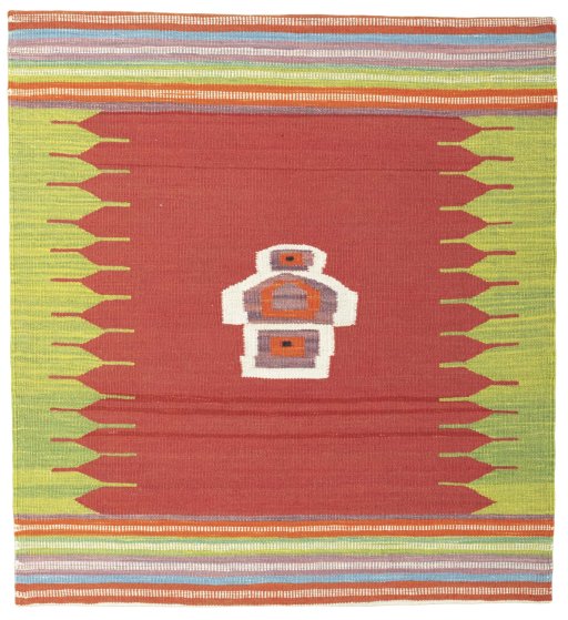 Full view of New Kilim Sofre rug from Turkey, 107 × 99 cm in Multi Color tones