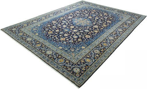 Corner detail of 2000s Kashan rug showing border pattern and Wool pile