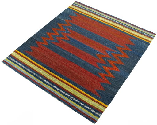 Corner detail of New Kilim Sofre rug showing border pattern and Wool pile